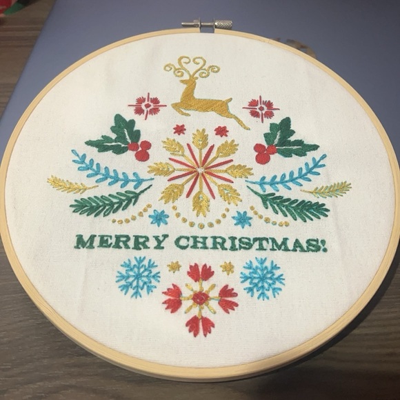 Hand Crafted Holiday Embroidered Hoop with Red, Green,...